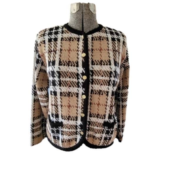 Tally Ho Sweaters - Vintage Tally-Ho Polish Brown & Black Plaid Button Down Cardigan-Size Medium